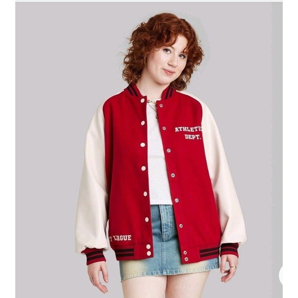 Wild Fable Women's Red Faux Leather Button Down Varsity Jacket Small